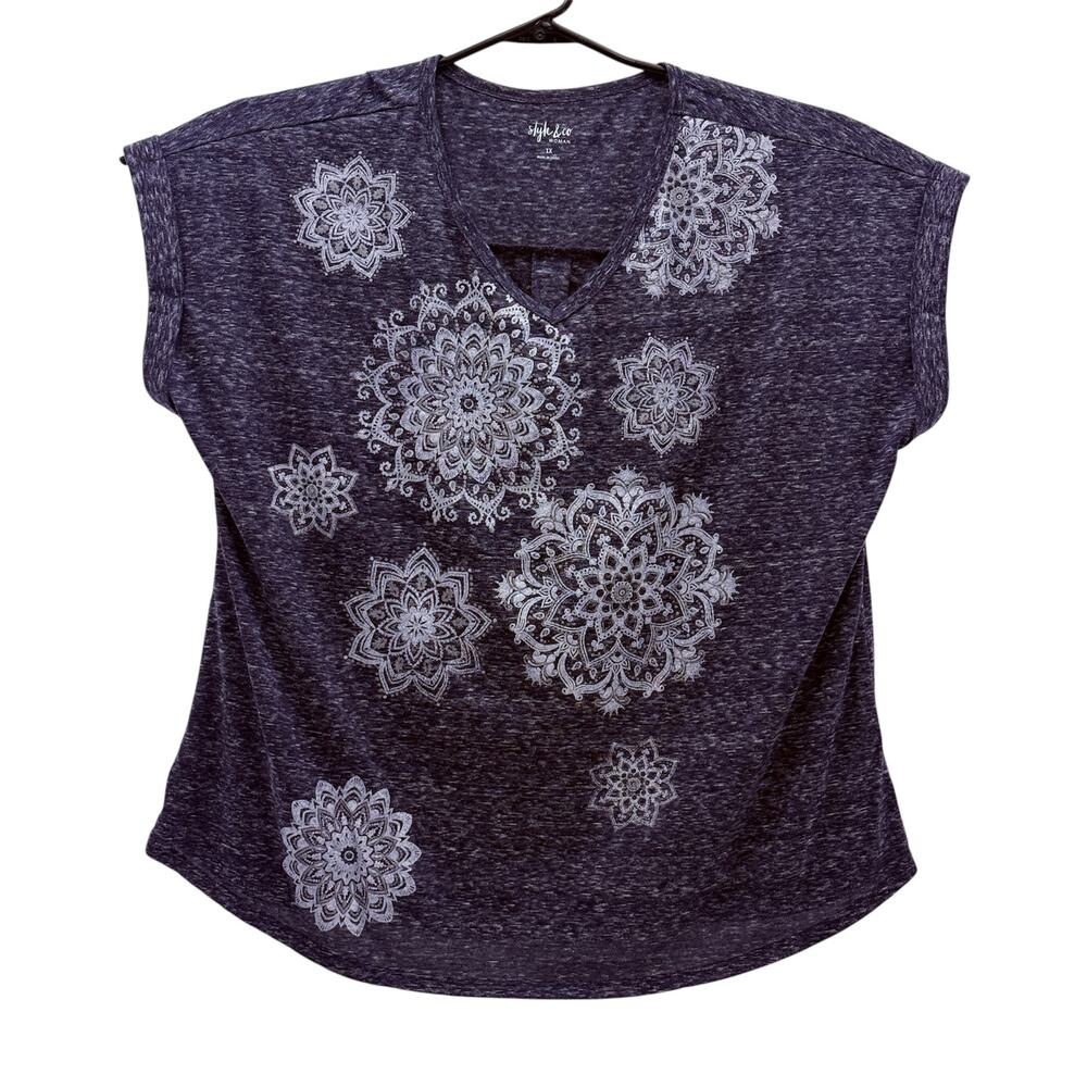 Style & Co Snowflakes Navy White Polyester Blend Sleeveless Womens 1X T-Shirt